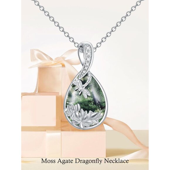 Sterling Silver Moss Agate Dragonfly Necklace with Lotus, 18 Plus 2 Inch Ext, Wo - Picture 3 of 6